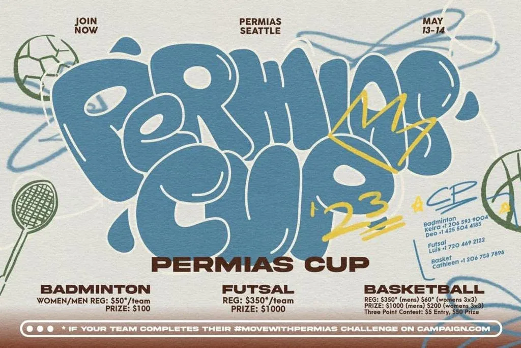 PERMIAS Cup 2023 poster listing badminton, futsal and basketball divisions