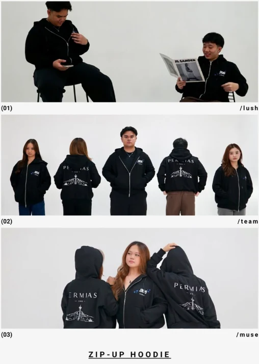 Lookbook: groups of friends wearing the hoodie, front and back