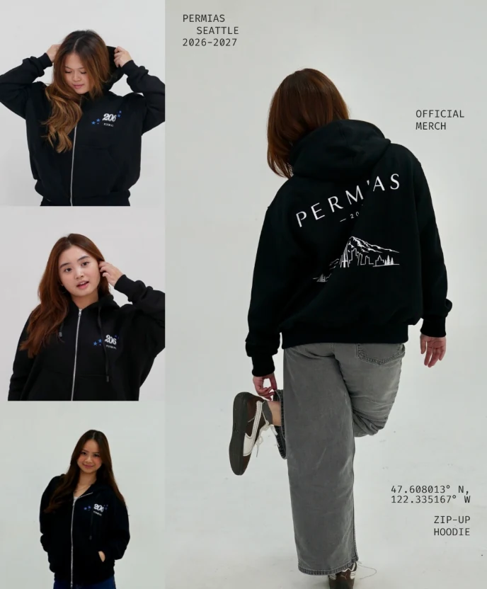 Lookbook: the zip-up hoodie shown from the front on three models and from the back on a fourth