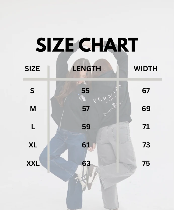 Hoodie size chart from S to XXL
